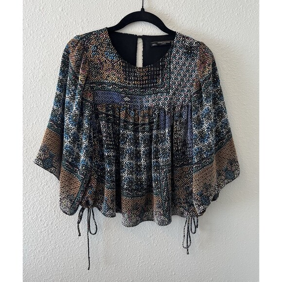 Zara Trafaluc Top Blouse Size Med Geometric Patterned Keyhole Tie Sides Boho - Picture 1 of 12